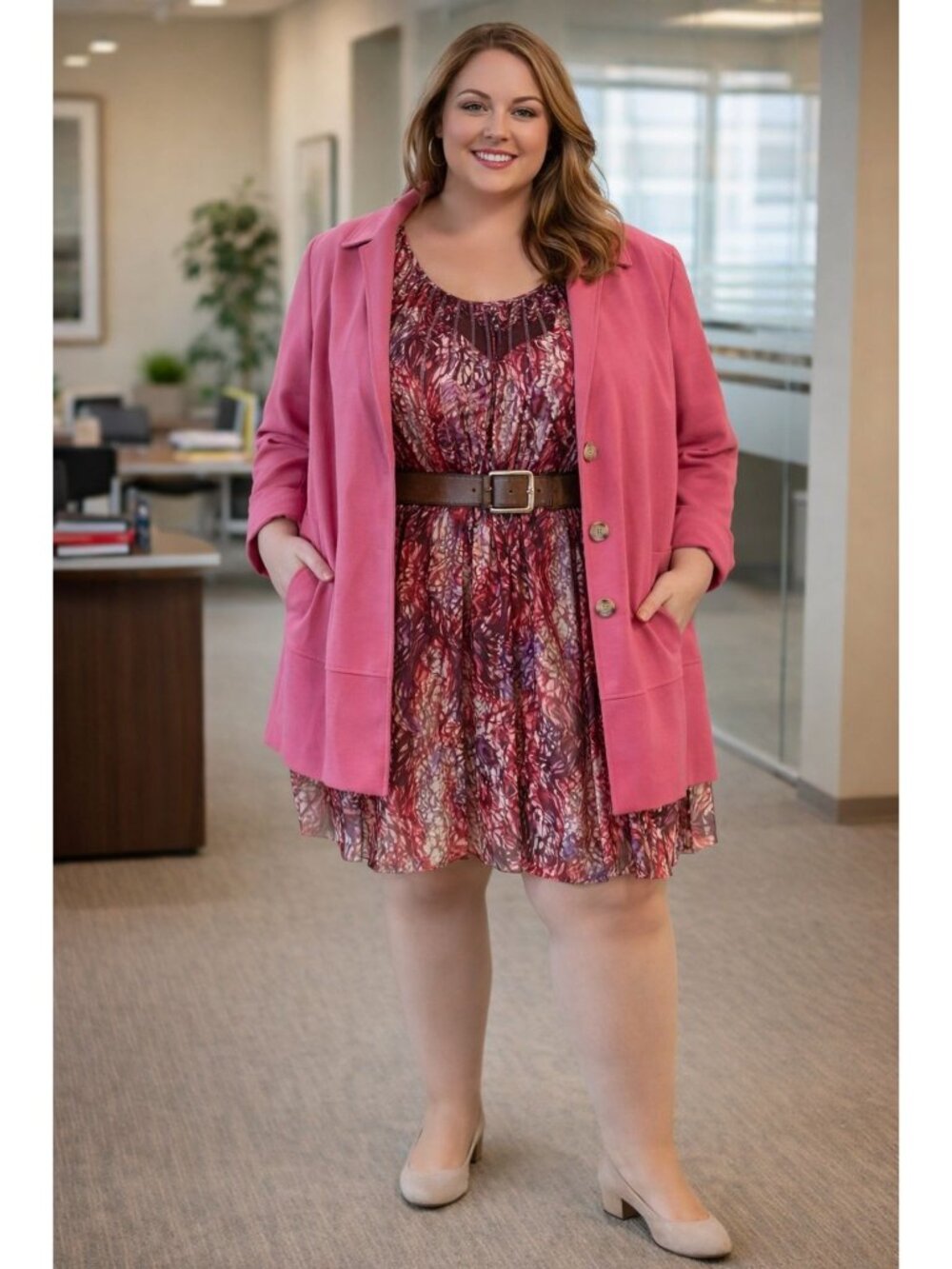 Womens Plus Size 2X 1-Pink Linen Cardigan 1-Belt 1-Chiffon Dress Set Q02 N